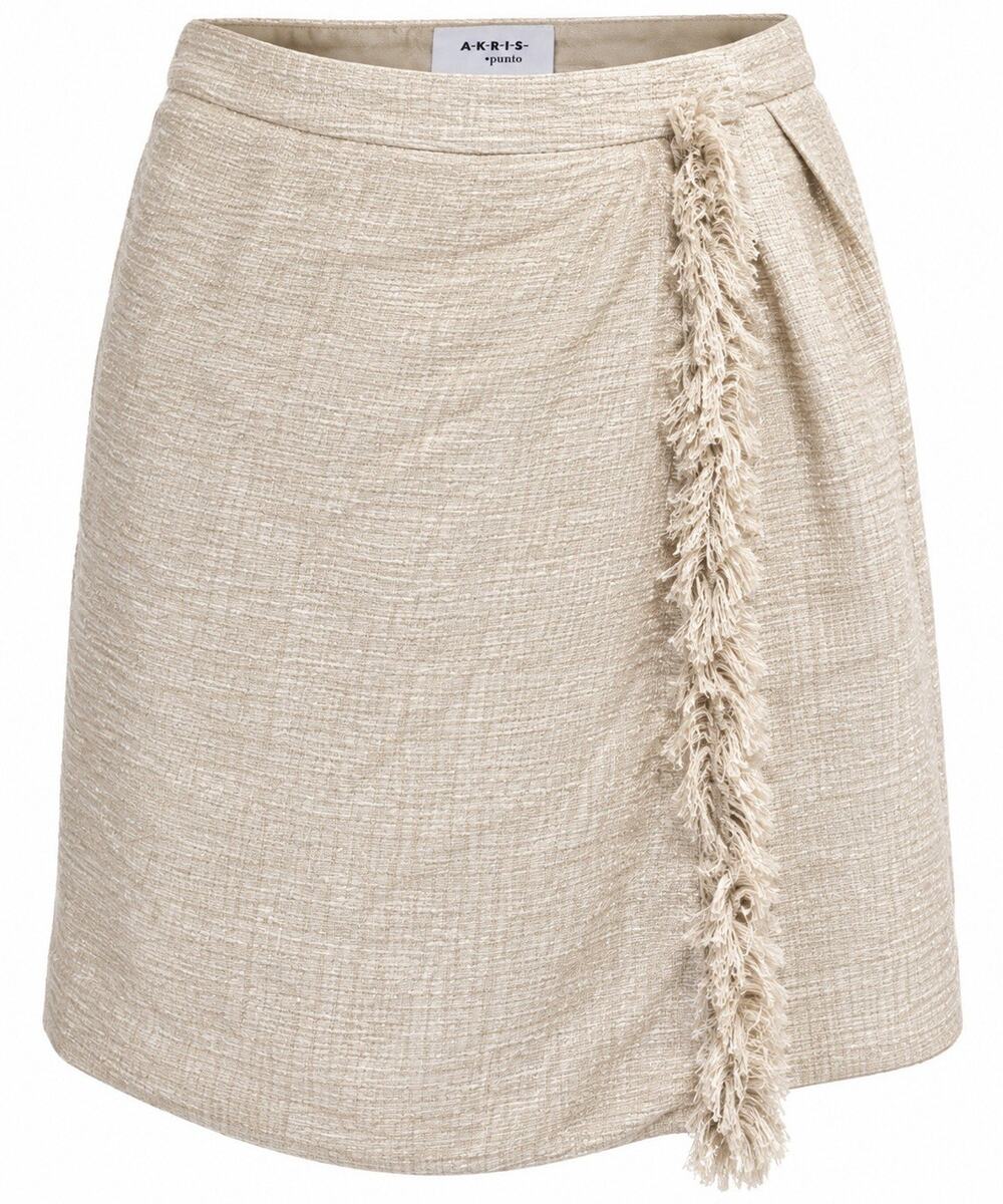 Akris Punto Mulberry Silk Skirt 12 Beige Fringe Faux Wrap Mini Quiet Luxury